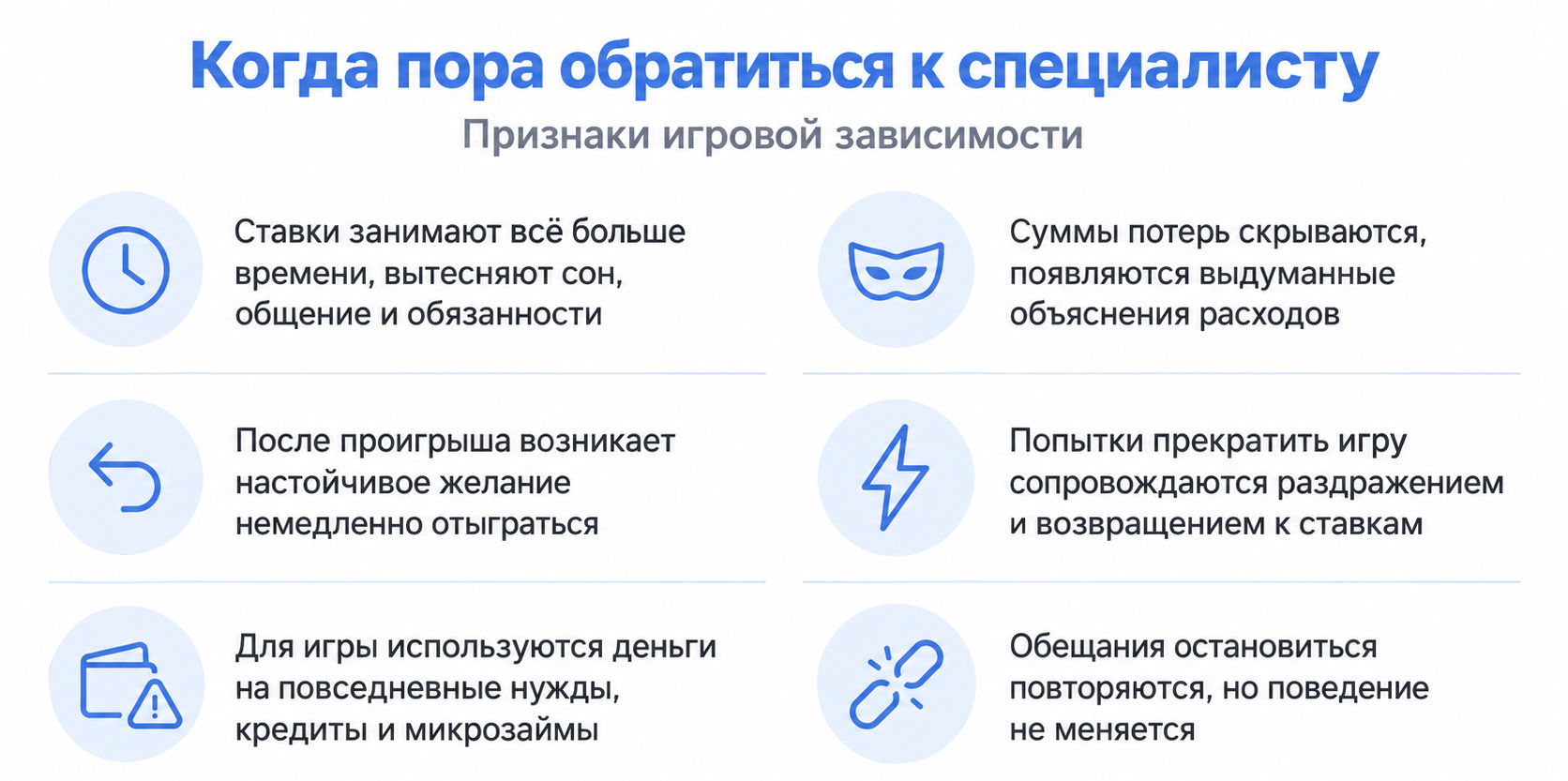 Поводы для консультации при игровой зависимости с шестью признаками и призывом к бесплатной консультации