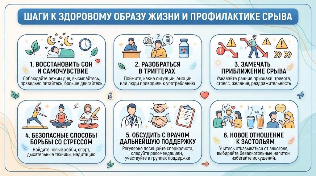 Инфографика: 6 шагов к здоровому образу жизни и профилактике срыва, включая восстановление сна, работу с триггерами, управление стрессом и поддержку врача.