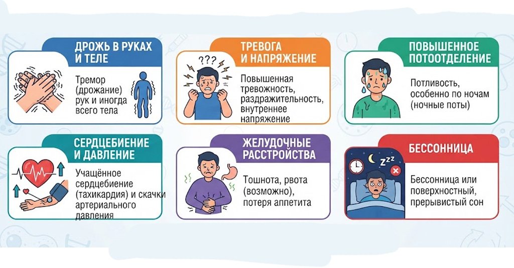 Инфографика «Признаки абстинентного синдрома (синдрома отмены)»: дрожь в руках и теле, тревога и напряжение, повышенное потоотделение, учащённое сердцебиение и скачки давления, желудочные расстройства, бессонница и предупреждение о тяжёлых случаях.