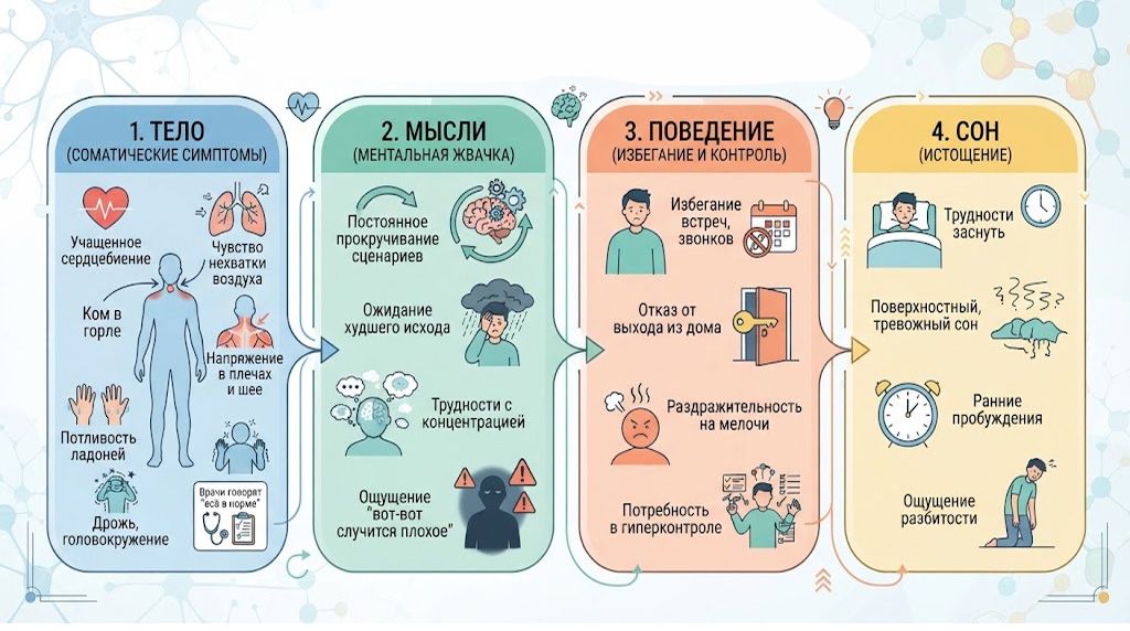 Инфографика «Симптомы, которые чаще всего путают со стрессом», показывающая симптомы в теле, ментальную жвачку в мыслях, избегание в поведении и нарушения сна.