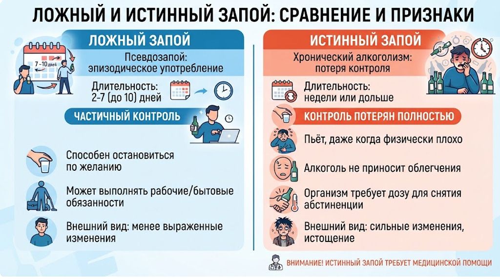 Инфографика: Сравнение ложного и истинного запоя: ключевые отличия, длительность и степень контроля.
